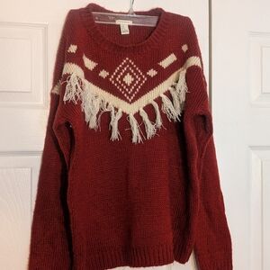 Forever 21 Burgundy and Cream Fringe Sweater
